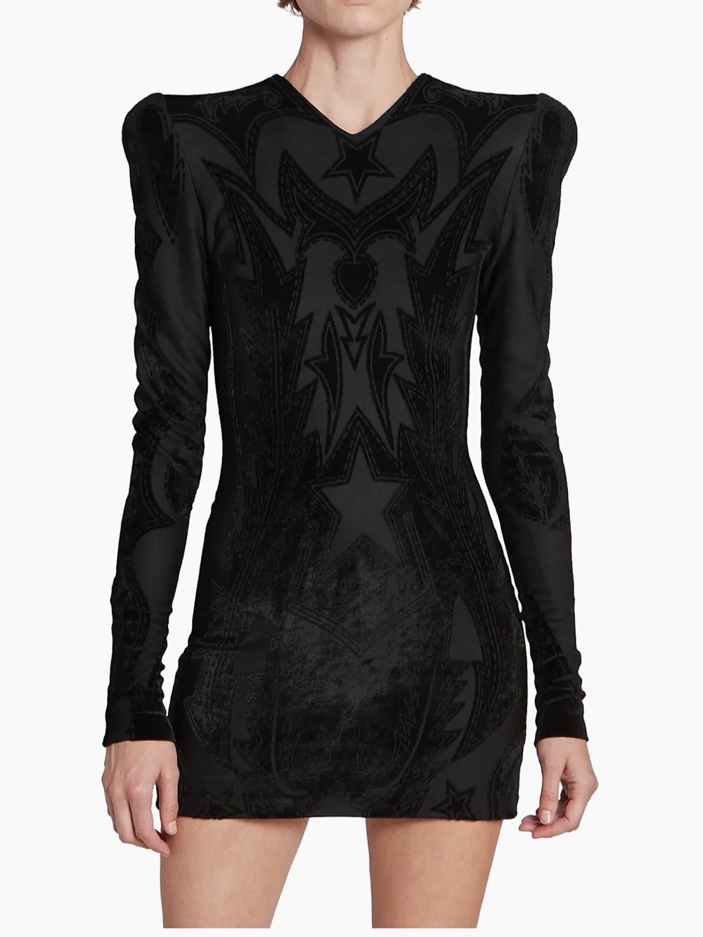 Balmain Black Long-Sleeve Velvet-Textured Sheath Dress